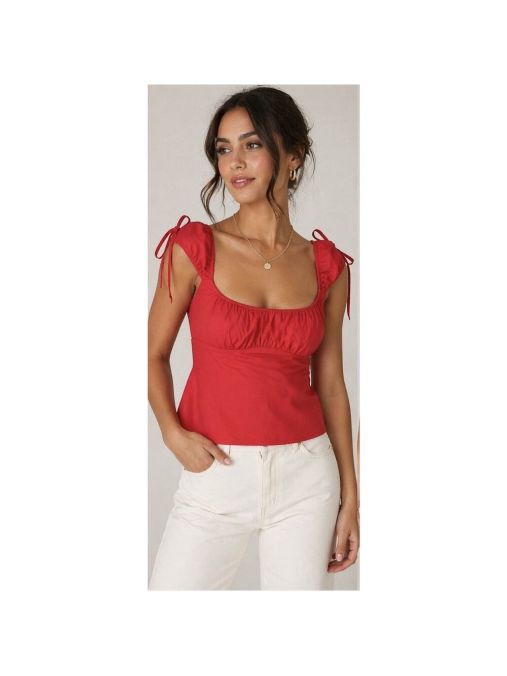 Elodie Red Ruched Tie-Shoulder Top 100% Cotton